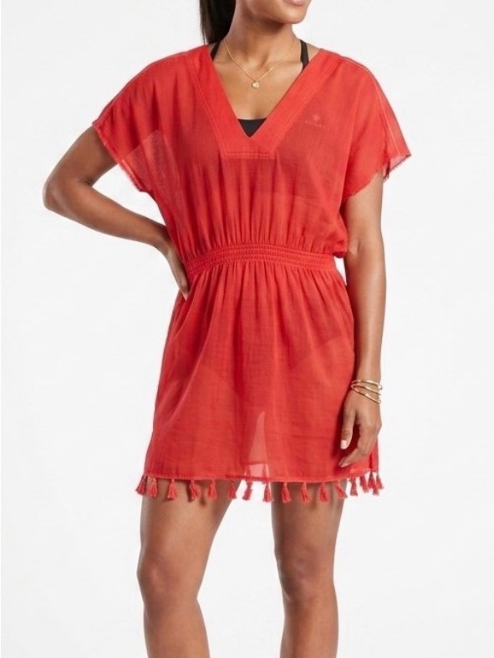 Athleta Women Med Red Tassel Swimsuit CoverUp Tunic Dress Cotton Beach Coastal